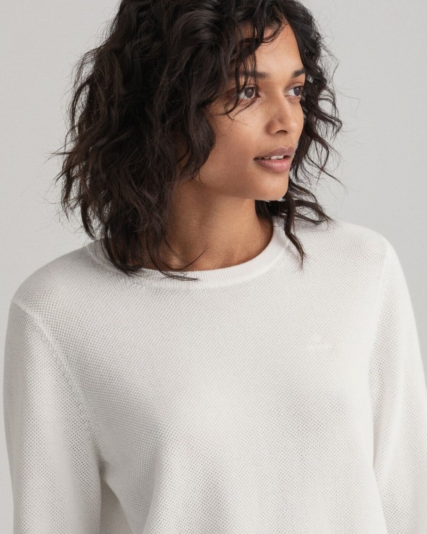 Gant Cotton Piqué Crew Neck Women's Crew Neck Jumpers White | KZ1OxsnqZ6x