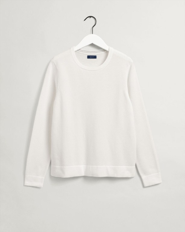 Gant Cotton Piqué Crew Neck Women's Crew Neck Jumpers White | KZ1OxsnqZ6x