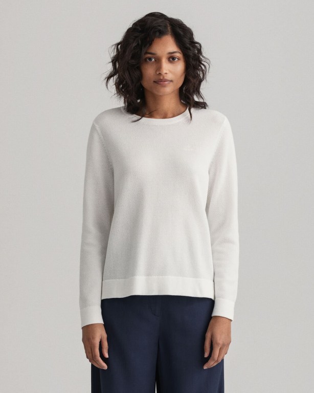 Gant Cotton Piqué Crew Neck Women\'s Crew Neck Jumpers White | KZ1OxsnqZ6x