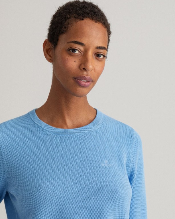 Gant Cotton Piqué Crew Neck Women's Crew Neck Jumpers Silver Blue | ytpY1VO6yEe