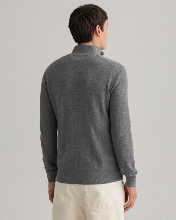 Gant Cotton Piqué Men's Half Zip Jumpers Dark Grey | 4sZOfpjNe3u