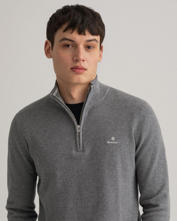 Gant Cotton Piqué Men's Half Zip Jumpers Dark Grey | 4sZOfpjNe3u