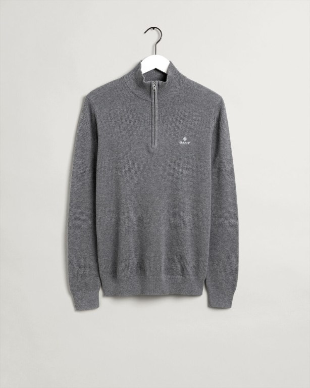 Gant Cotton Piqué Men's Half Zip Jumpers Dark Grey | 4sZOfpjNe3u