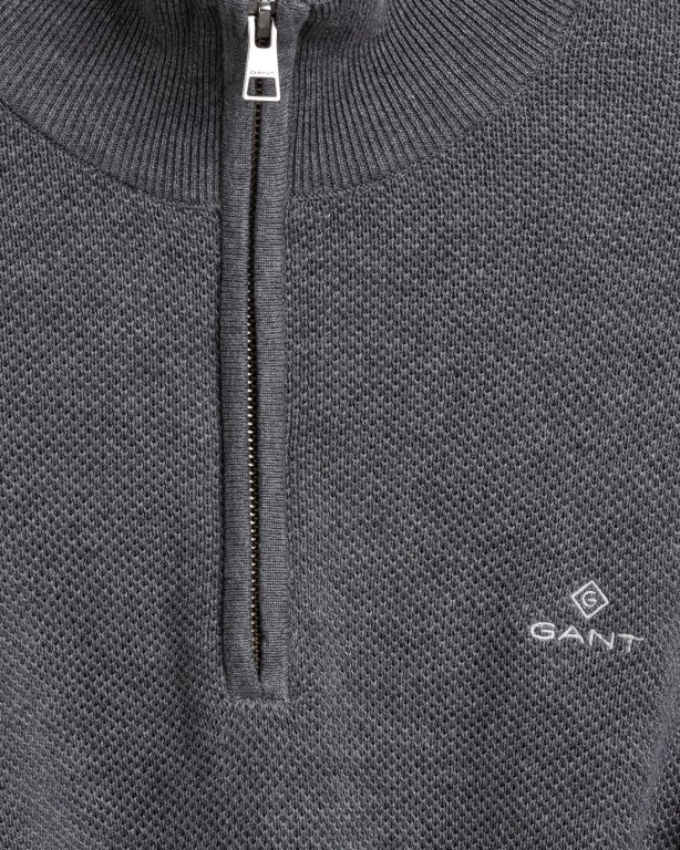 Gant Cotton Piqué Men's Half Zip Jumpers Dark Grey | 4sZOfpjNe3u