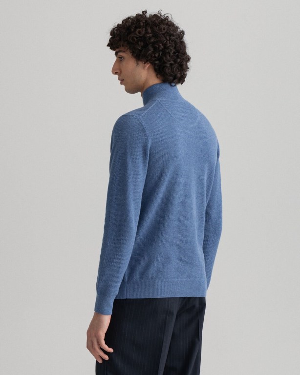 Gant Cotton Piqué Men's Half Zip Jumpers Blue | CLN6foxrGZx