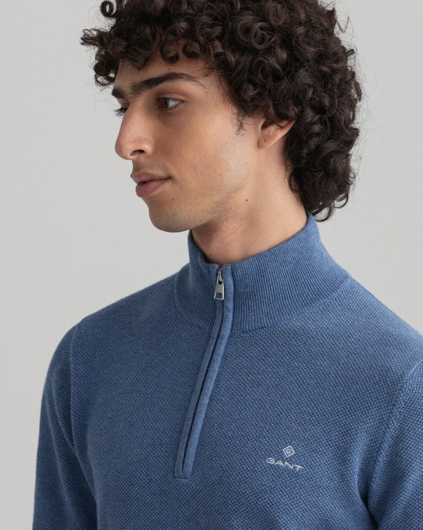 Gant Cotton Piqué Men's Half Zip Jumpers Blue | CLN6foxrGZx