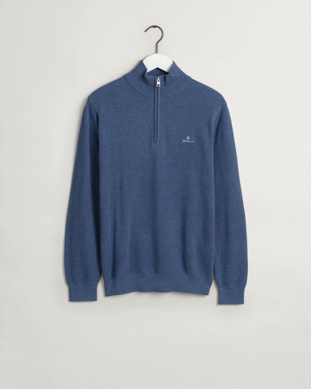 Gant Cotton Piqué Men's Half Zip Jumpers Blue | CLN6foxrGZx