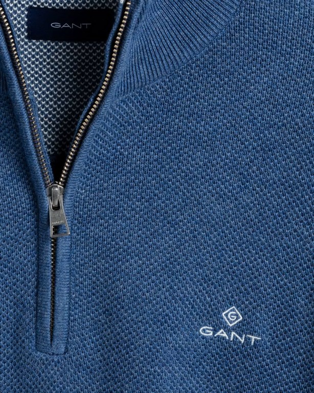 Gant Cotton Piqué Men's Half Zip Jumpers Blue | CLN6foxrGZx