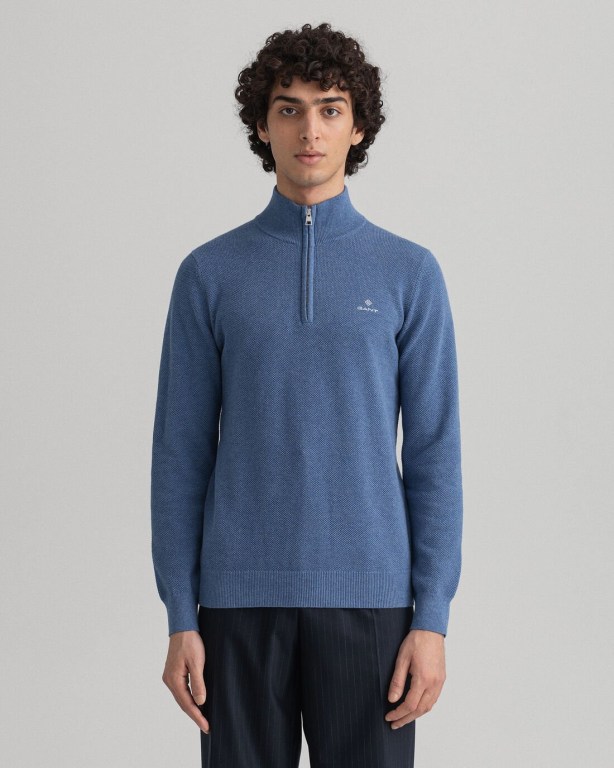 Gant Cotton Piqué Men\'s Half Zip Jumpers Blue | CLN6foxrGZx