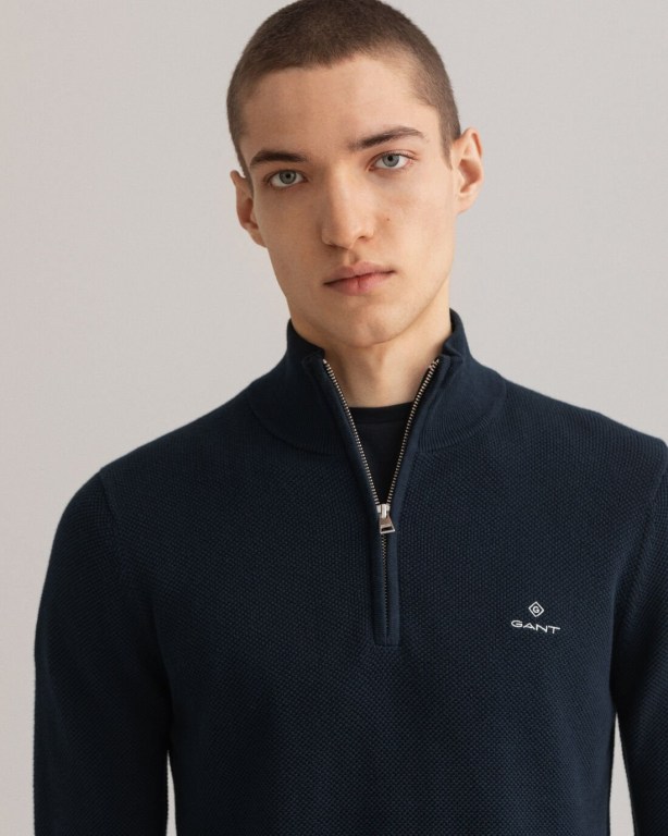 Gant Cotton Piqué Men's Half Zip Jumpers Blue | eEFaKT8rnmB