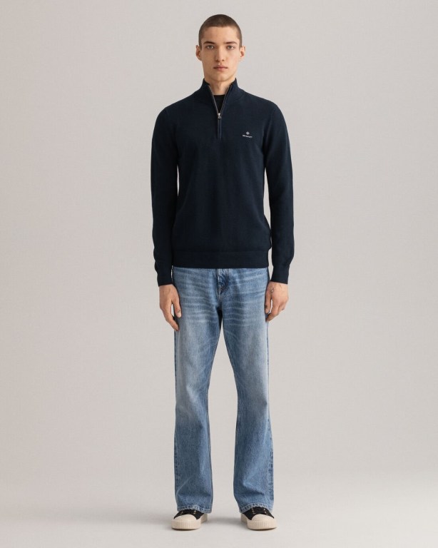 Gant Cotton Piqué Men's Half Zip Jumpers Blue | eEFaKT8rnmB