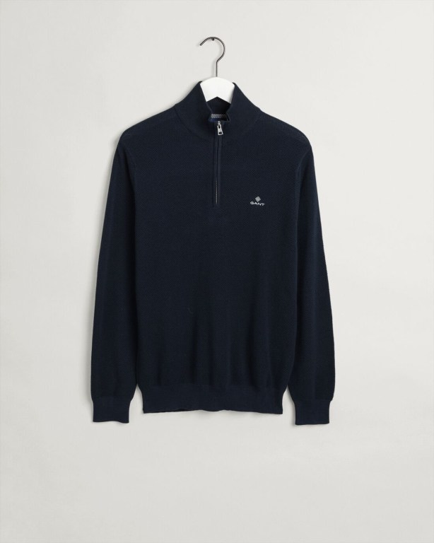 Gant Cotton Piqué Men's Half Zip Jumpers Blue | eEFaKT8rnmB