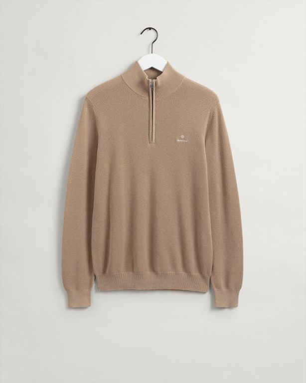 Gant Cotton Piqué Men's Half Zip Jumpers Dark Khaki | kDQLPx11PmR