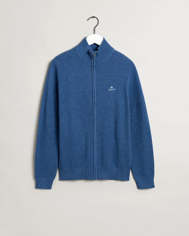 Gant Cotton Piqué Zip Cardigan Men's Full Zip Jumpers Blue | BQI8biQr2kQ