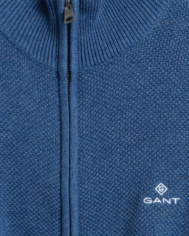 Gant Cotton Piqué Zip Cardigan Men's Full Zip Jumpers Blue | BQI8biQr2kQ