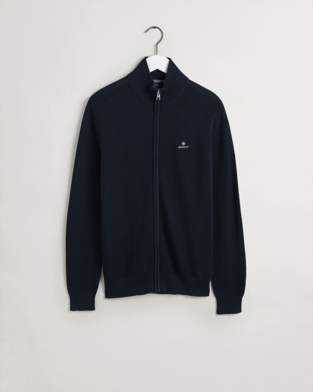 Gant Cotton Piqué Zip Cardigan Men's Full Zip Jumpers Blue | Y5SwxjvNWeY