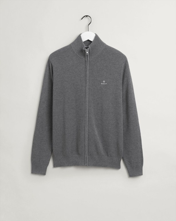 Gant Cotton Piqué Zip Cardigan Men's Full Zip Jumpers Dark Grey | dlA1ccxtdME