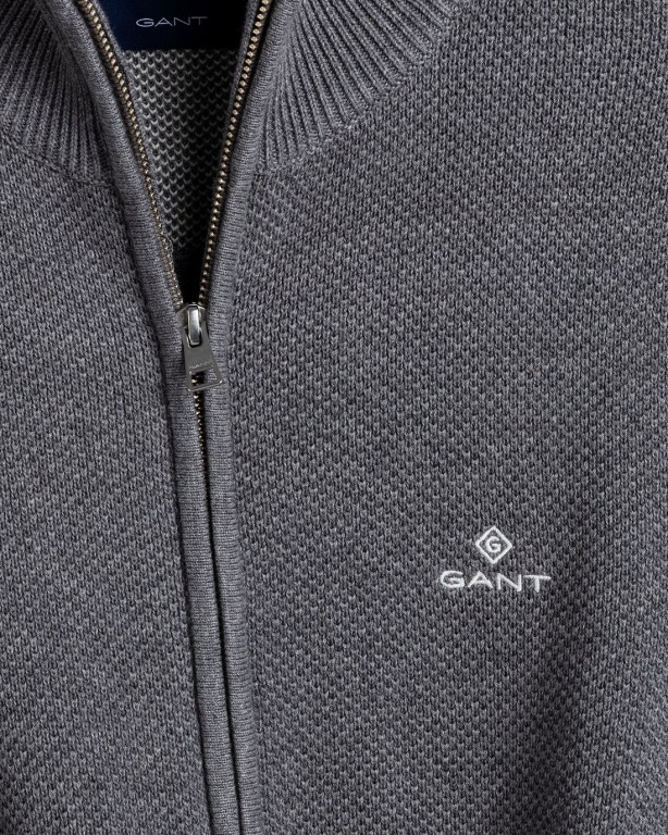 Gant Cotton Piqué Zip Cardigan Men's Full Zip Jumpers Dark Grey | dlA1ccxtdME