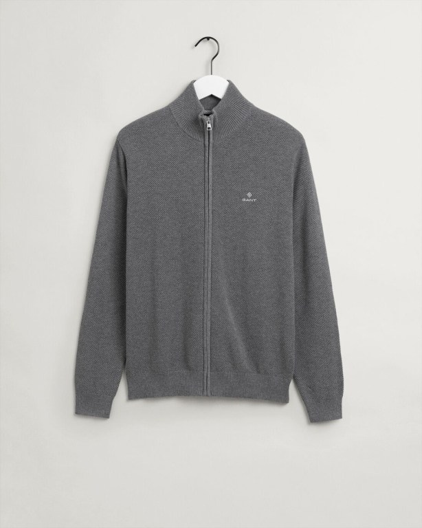 Gant Cotton Piqué Zip Men's Cardigans Dark Grey | Gi49r57aMVq