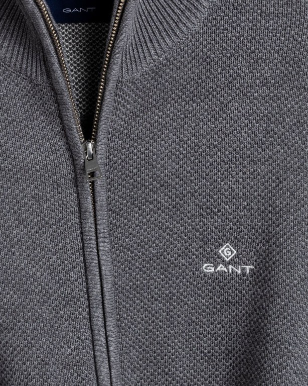 Gant Cotton Piqué Zip Men's Cardigans Dark Grey | Gi49r57aMVq