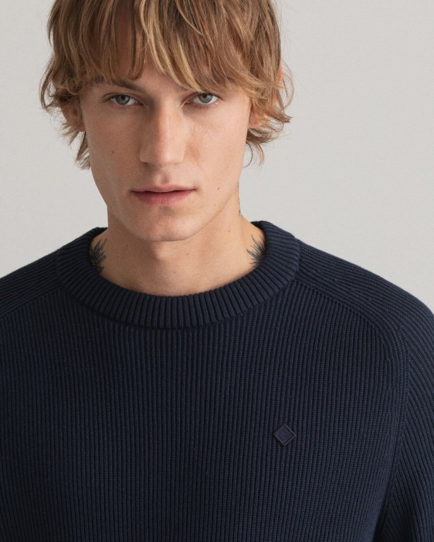 Gant Cotton Rib Crew Neck Men's Crewneck Jumpers Blue | 0bw1IIiYXx1