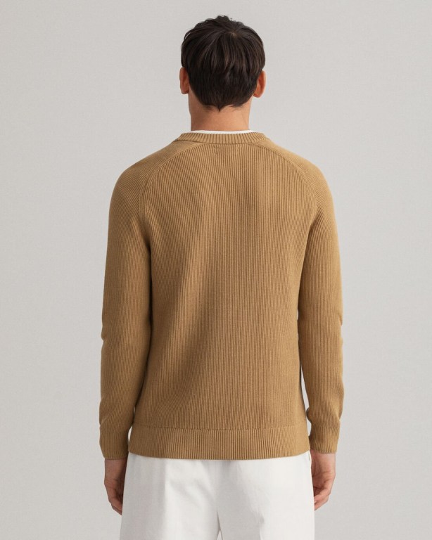 Gant Cotton Rib Crew Neck Men's Crewneck Jumpers Beige | NRJoiYIBd7v