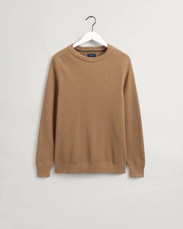 Gant Cotton Rib Crew Neck Men's Crewneck Jumpers Beige | NRJoiYIBd7v