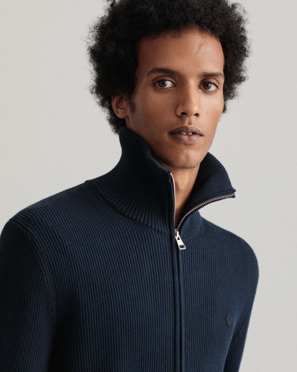 Gant Cotton Rib Full-Zip Men's Full Zip Jumpers Blue | OVkH8kTblGA