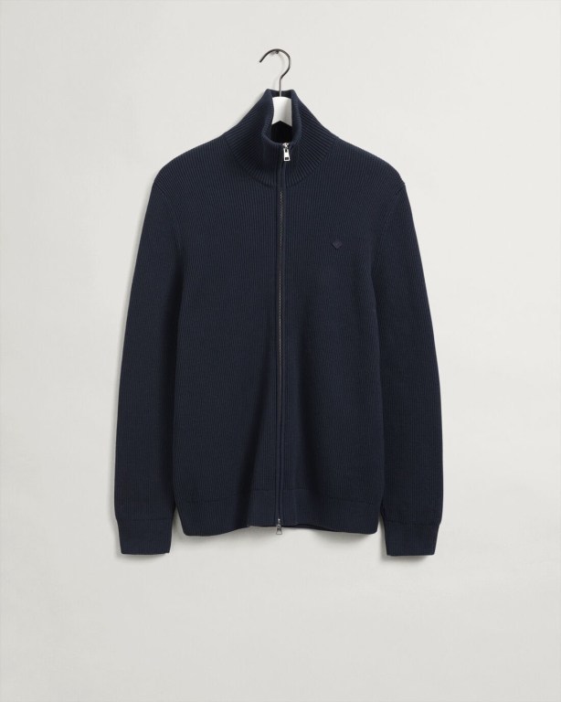 Gant Cotton Rib Full-Zip Men's Full Zip Jumpers Blue | OVkH8kTblGA