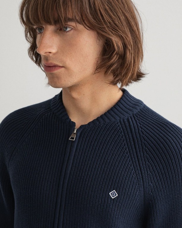 Gant Cotton Rib Full-Zip Men's Full Zip Jumpers Blue | UFcFIiACPoo