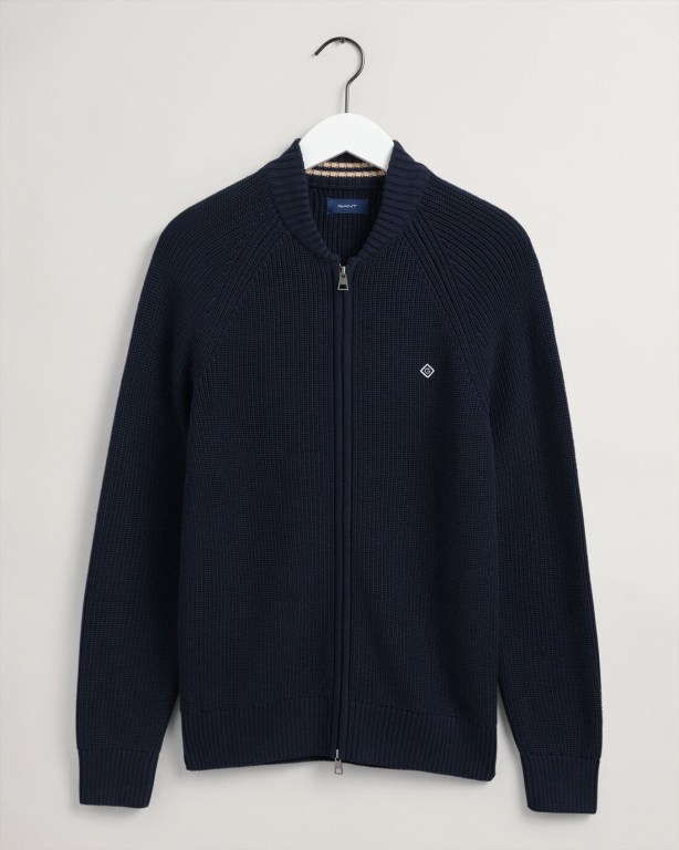 Gant Cotton Rib Full-Zip Men's Full Zip Jumpers Blue | UFcFIiACPoo