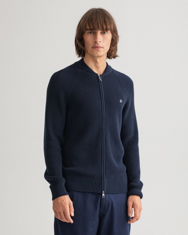 Gant Cotton Rib Full-Zip Men\'s Full Zip Jumpers Blue | UFcFIiACPoo