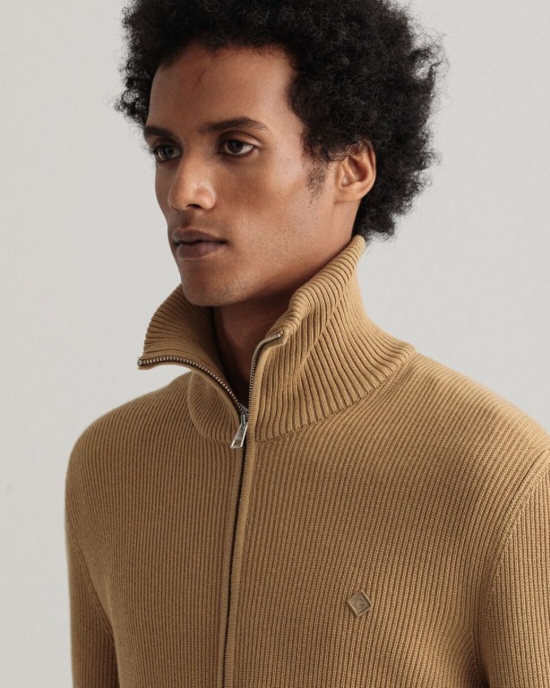 Gant Cotton Rib Full-Zip Men's Full Zip Jumpers Beige | YEl2RJEDxlk