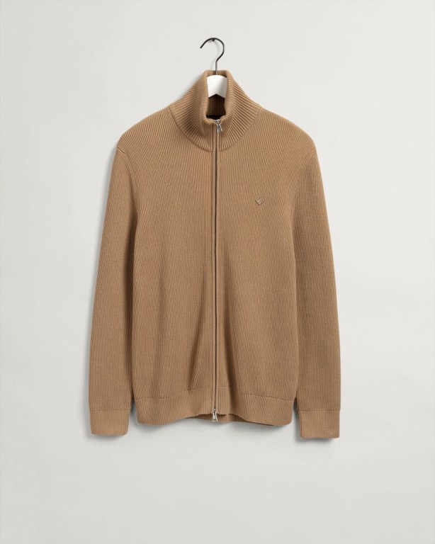 Gant Cotton Rib Full-Zip Men's Full Zip Jumpers Beige | YEl2RJEDxlk