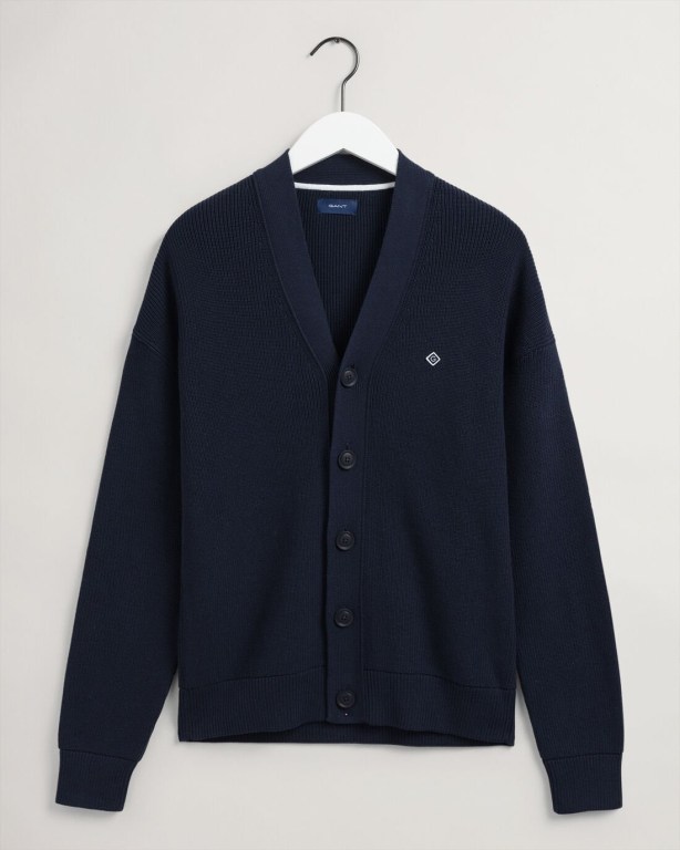 Gant Cotton Rib Men's Cardigans Blue | cDWpmiuKRuw