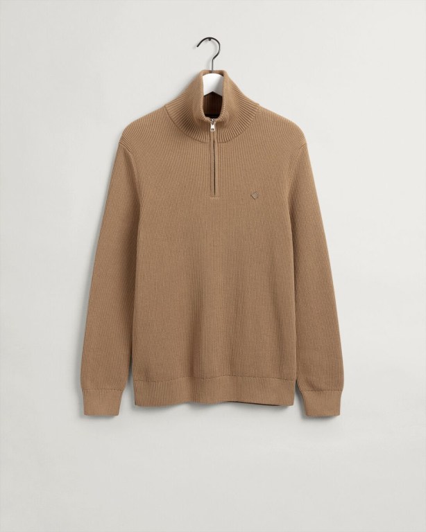 Gant Cotton Rib Men's Half Zip Jumpers Beige | IxS1MO2yvyK