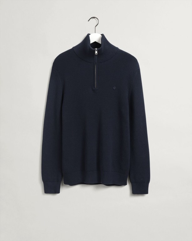 Gant Cotton Rib Men's Half Zip Jumpers Blue | LIxcS4V96Uh