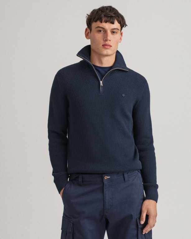 Gant Cotton Rib Men\'s Half Zip Jumpers Blue | LIxcS4V96Uh