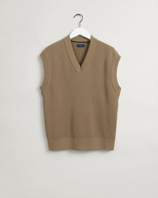 Gant Cotton Rib Sweater Men\'s Vest Beige | UoFcHrwIi6H