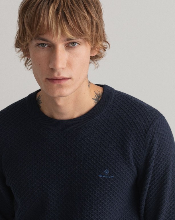 Gant Cotton Texture Crew Neck Men's Crewneck Jumpers Blue | GV9TwEIhxuo