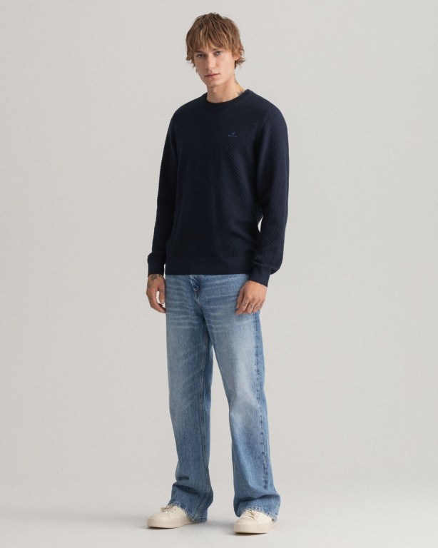 Gant Cotton Texture Crew Neck Men's Crewneck Jumpers Blue | GV9TwEIhxuo