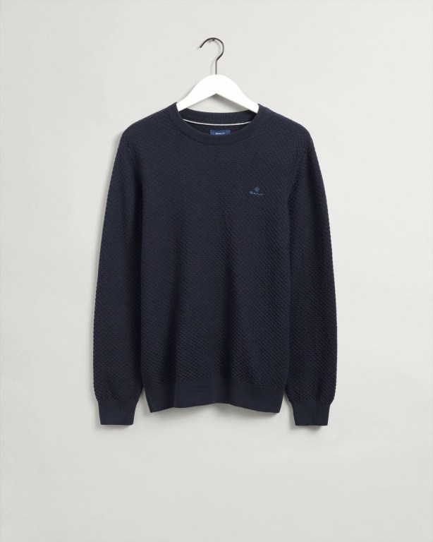 Gant Cotton Texture Crew Neck Men's Crewneck Jumpers Blue | GV9TwEIhxuo