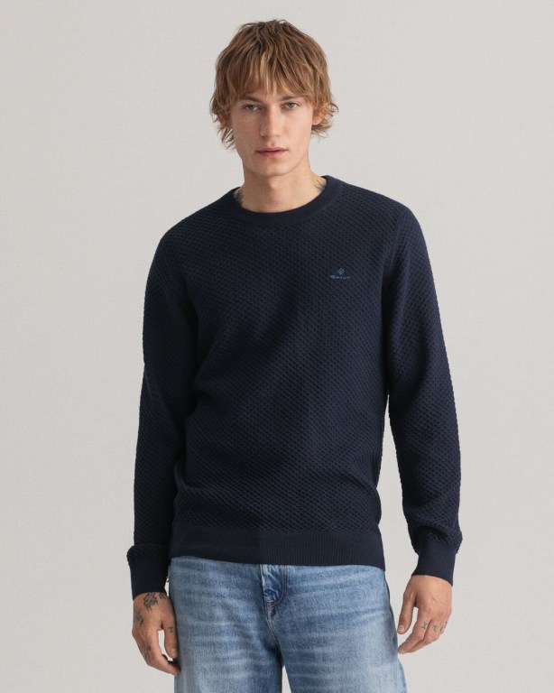 Gant Cotton Texture Crew Neck Men\'s Crewneck Jumpers Blue | GV9TwEIhxuo