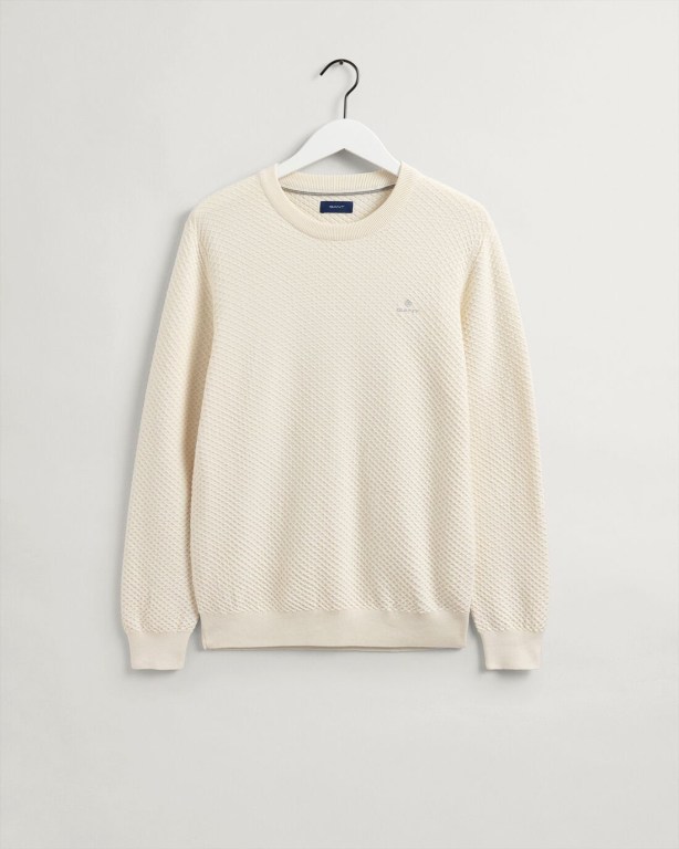 Gant Cotton Texture Crew Neck Men's Crewneck Jumpers Cream | Hg6fdDDMgZY