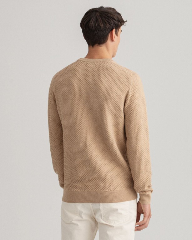 Gant Cotton Texture Crew Neck Men's Crewneck Jumpers Brown | QfDJyXjR6c2