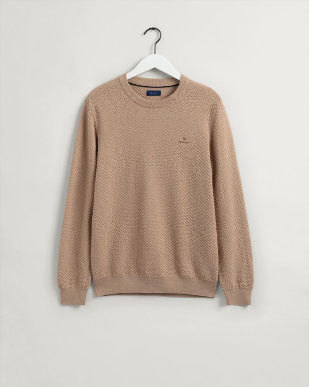 Gant Cotton Texture Crew Neck Men's Crewneck Jumpers Brown | QfDJyXjR6c2