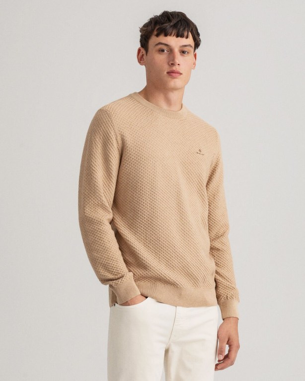 Gant Cotton Texture Crew Neck Men\'s Crewneck Jumpers Brown | QfDJyXjR6c2