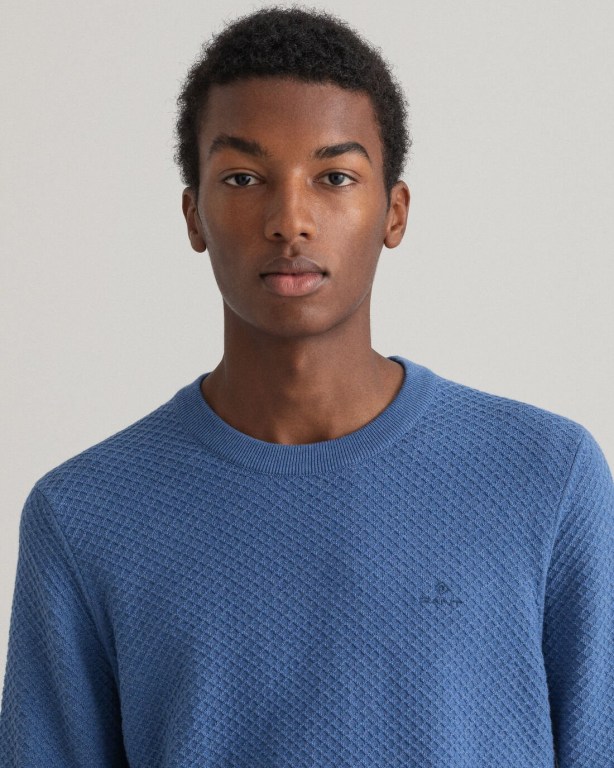 Gant Cotton Texture Crew Neck Men's Crewneck Jumpers Blue | lbP4Zf2U9hA