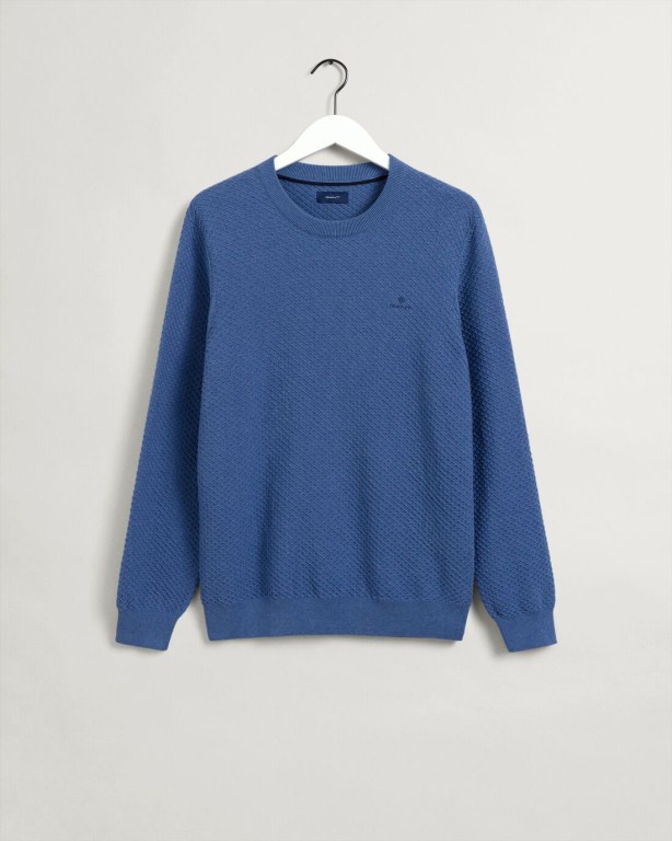 Gant Cotton Texture Crew Neck Men's Crewneck Jumpers Blue | lbP4Zf2U9hA