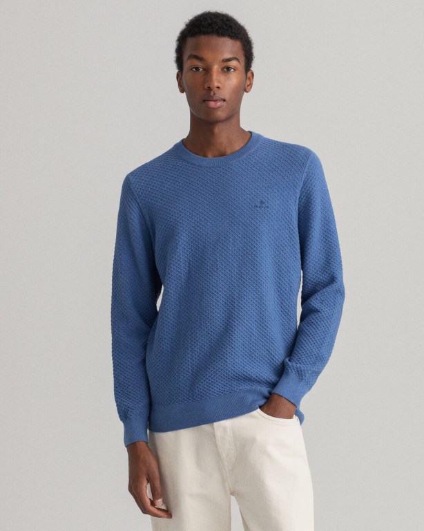 Gant Cotton Texture Crew Neck Men\'s Crewneck Jumpers Blue | lbP4Zf2U9hA